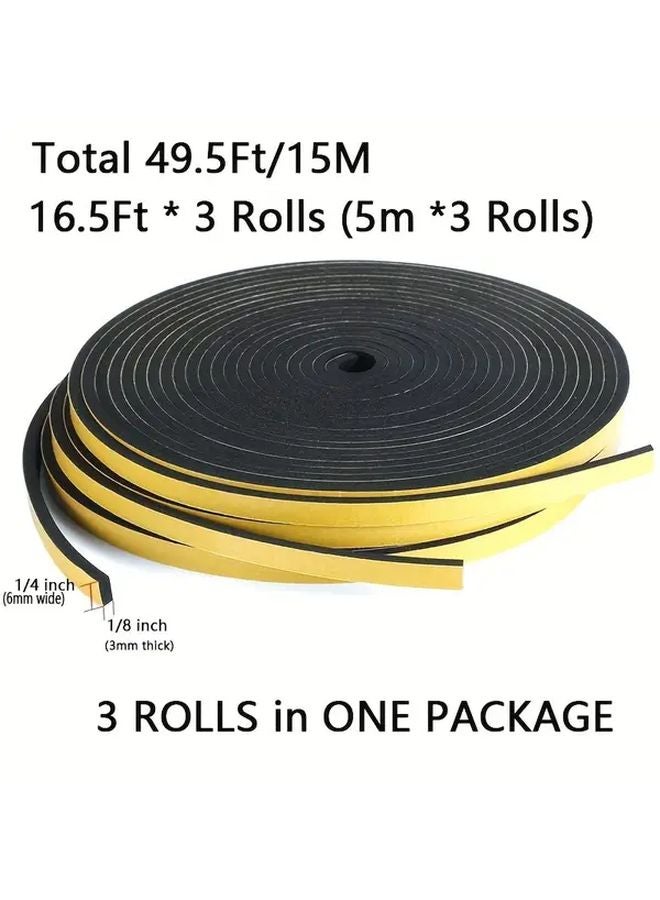 Black Weather Stripping Foam Tape 3 Rolls 15M Total For Door Window Insulation - Image 3