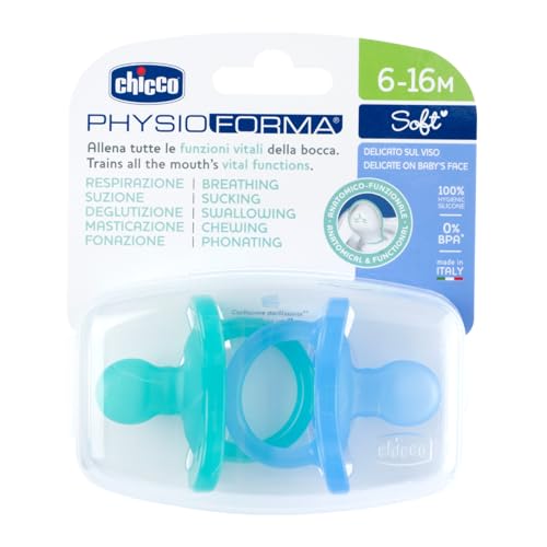 Chicco PhysioForma Soother for Babies (6-16 Months) Pack of 2 | Baby Pacifier with Unique Shape to Support Baby's Breathing | Soft Silicon Material | BPA Free (Blue, Green) - Image 1