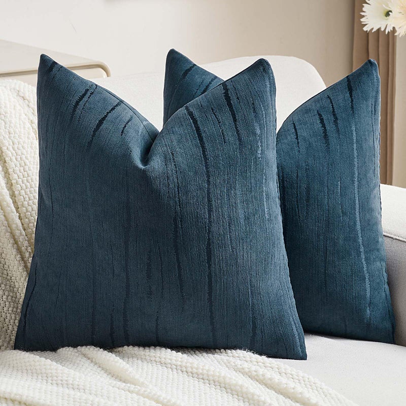 FUTEI Navy Blue Chenille Decorative Throw Pillow Covers 18x18 Inch Set of 2,Soft Embossed Striped Textured Cushion Case,Modern Home Decor for Couch Bed Living Room - Image 1