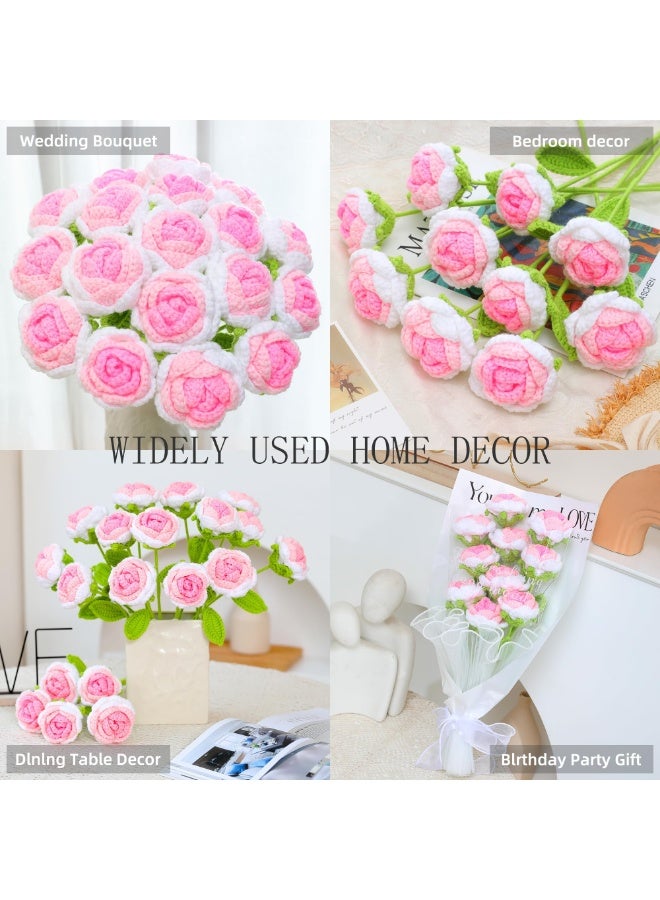 FDTY 6 PcsHandmade Crochet Rose Artificial Flower, Pink and white  with Green Leaf, Decorative Gift for Valentine's Day, Mother's Day, Wedding - Image 2