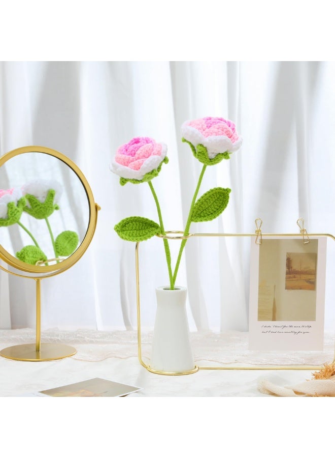 FDTY 6 PcsHandmade Crochet Rose Artificial Flower, Pink and white  with Green Leaf, Decorative Gift for Valentine's Day, Mother's Day, Wedding - Image 4