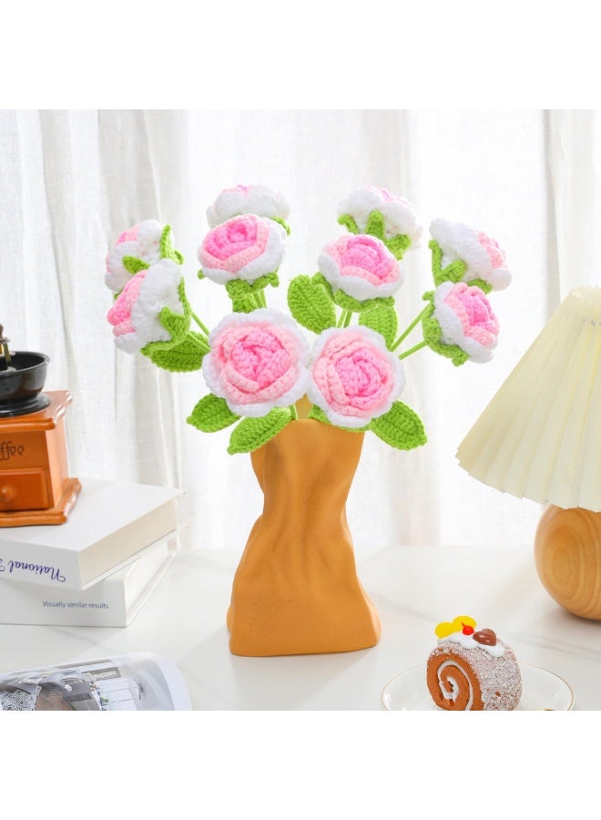 FDTY 6 PcsHandmade Crochet Rose Artificial Flower, Pink and white  with Green Leaf, Decorative Gift for Valentine's Day, Mother's Day, Wedding - Image 3