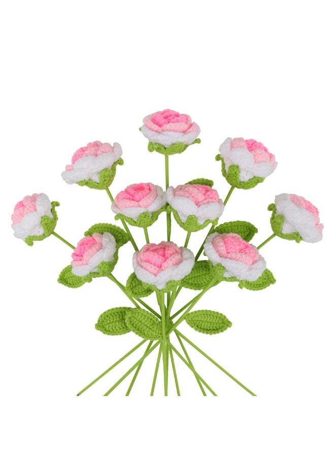 FDTY 6 PcsHandmade Crochet Rose Artificial Flower, Pink and white  with Green Leaf, Decorative Gift for Valentine's Day, Mother's Day, Wedding - Image 1