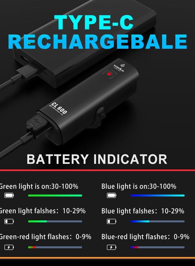 TOWILD CL600 Bike Lights for Night Riding,Compatible with Garmin/GoPro Mount,600 Lumen Bike Headlight,2000mAh Rechargeable Battery,Waterproof Bike Front Light for Commuter Cyclists - Image 4