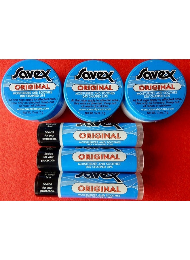 6 X SAVEX 3 ORIGINAL JARS & 3 STICKS LIP BALM FOR DRY & CHAPPED LIPS. MADED IN USA. UP-GRADE TO EXPEDITED MAIL. U.S. SELLER