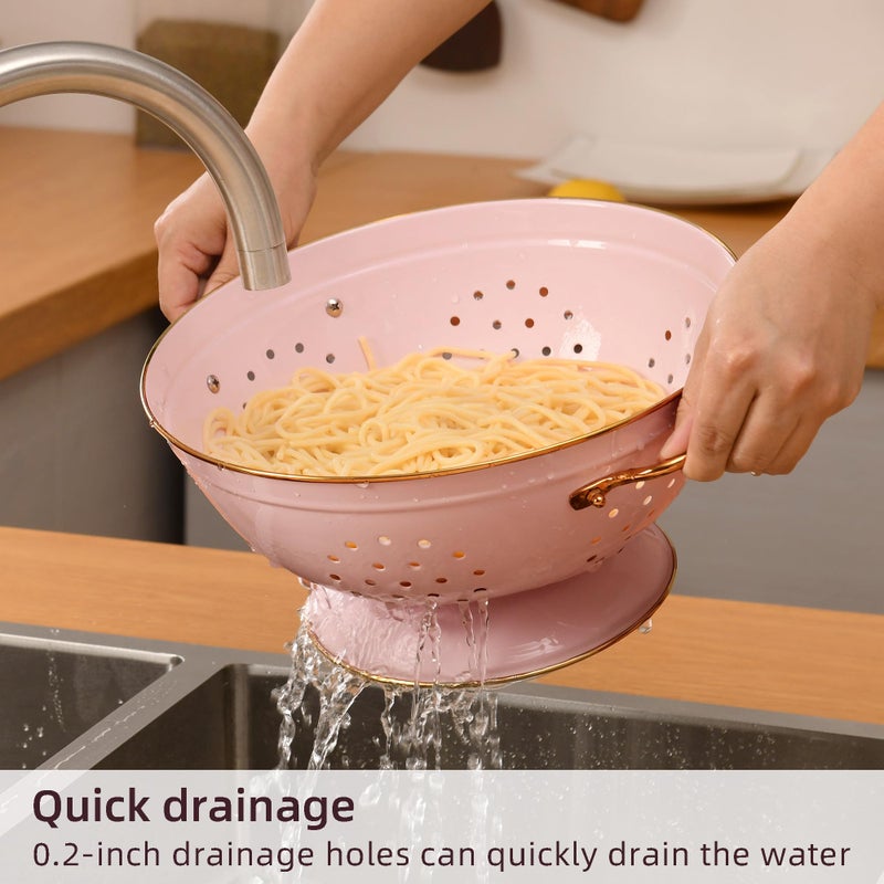 BeFare Metal Colander Set of 2, Strainer Basket with Handles 3.5 & 5 Qt Powder Coated Self-draining Solid Ring Base Metal Large Kitchen Colander Bowel for Pasta Vegetable Fruit (PINK) - Image 3