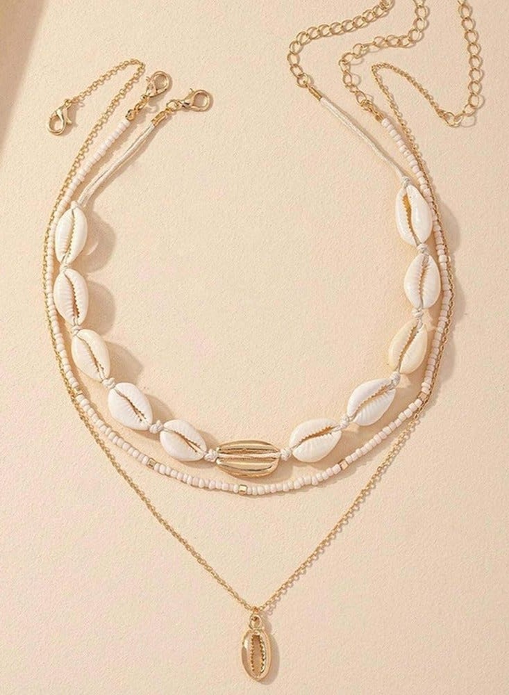 أوزيغالور طقم قلادة من 3 قطع على الطراز البوهيمي البوهيمي بنمط كلاسيكي صيفي من الصدف والخرز للنساء، مجوهرات العطلة الشاطئية. - Image 3