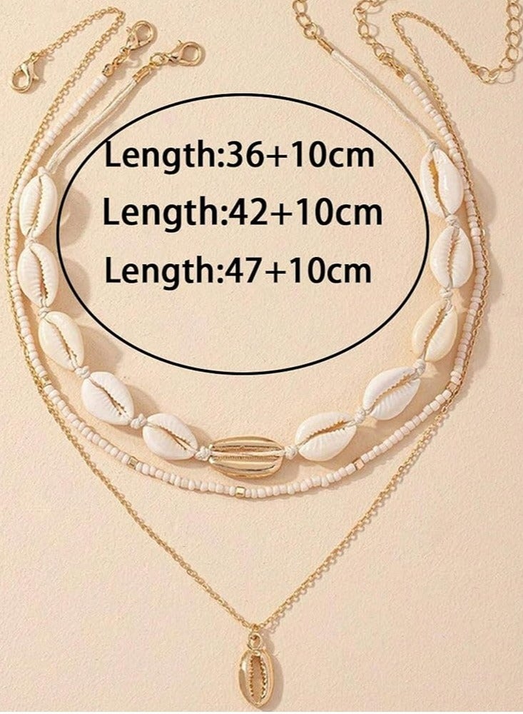 أوزيغالور طقم قلادة من 3 قطع على الطراز البوهيمي البوهيمي بنمط كلاسيكي صيفي من الصدف والخرز للنساء، مجوهرات العطلة الشاطئية. - Image 2