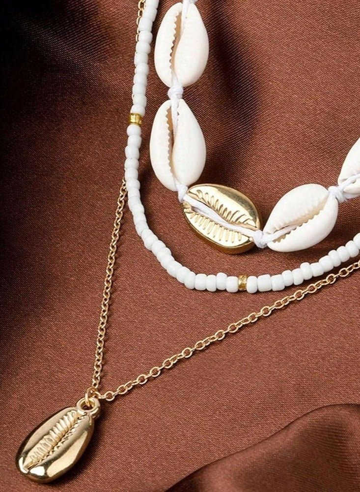 أوزيغالور طقم قلادة من 3 قطع على الطراز البوهيمي البوهيمي بنمط كلاسيكي صيفي من الصدف والخرز للنساء، مجوهرات العطلة الشاطئية. - Image 4