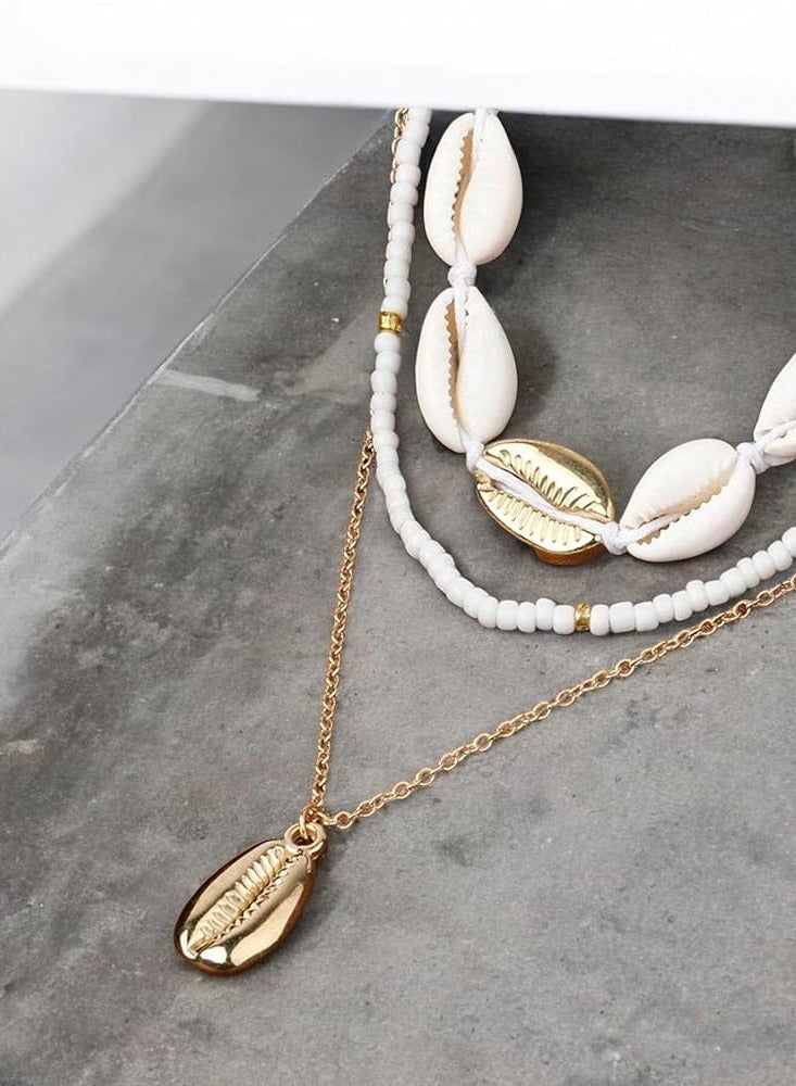 أوزيغالور طقم قلادة من 3 قطع على الطراز البوهيمي البوهيمي بنمط كلاسيكي صيفي من الصدف والخرز للنساء، مجوهرات العطلة الشاطئية. - Image 5