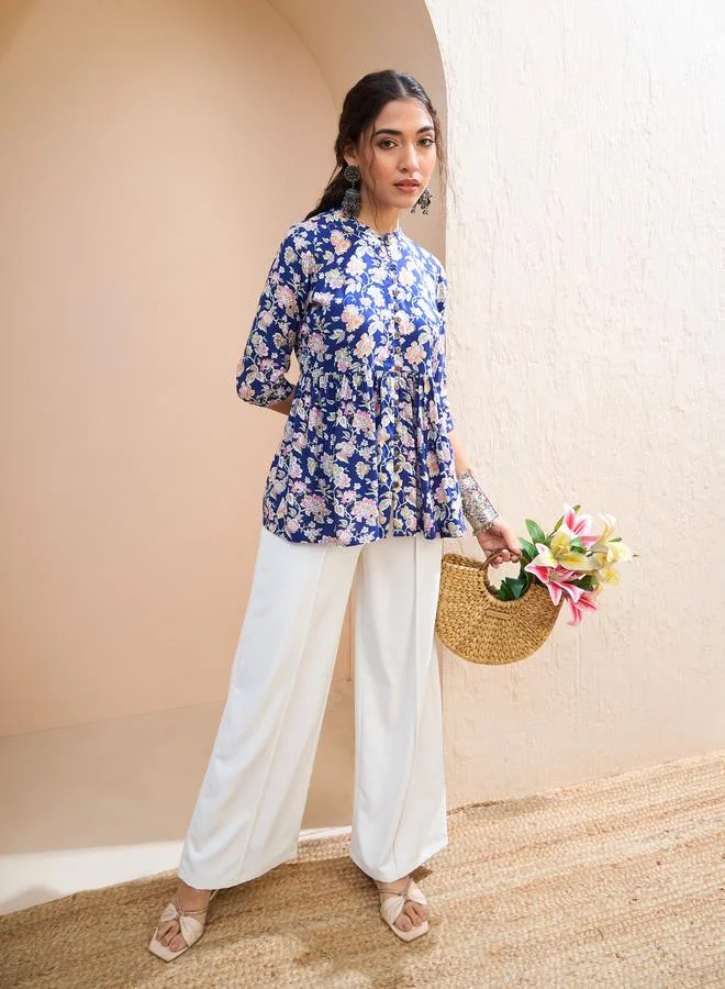 SASSAFRAS SASSAFRAS Blue Floral Buttoned Gathered Kurti