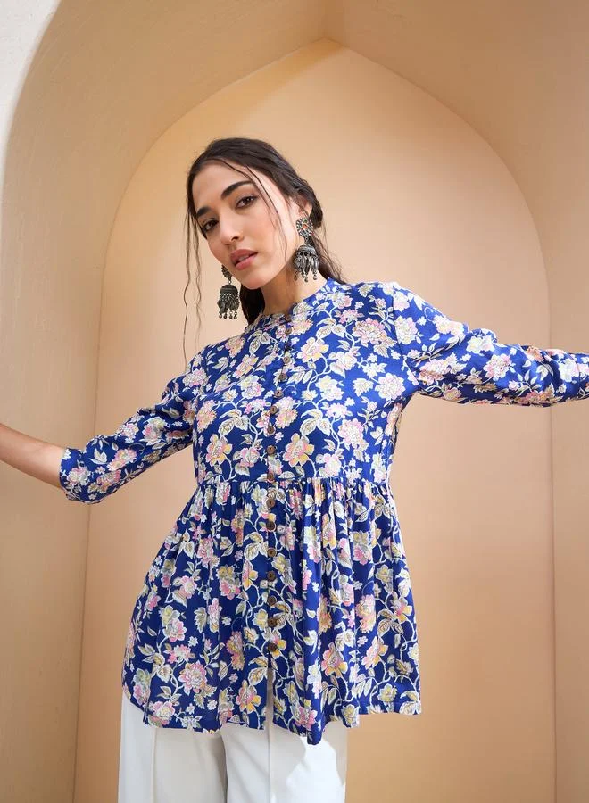 SASSAFRAS SASSAFRAS Blue Floral Buttoned Gathered Kurti