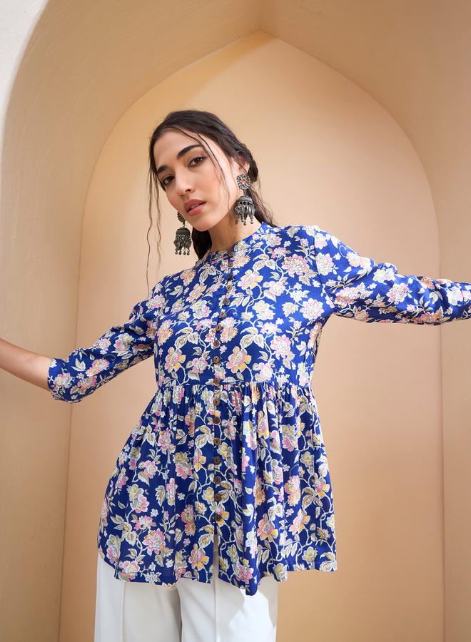 SASSAFRAS Blue Floral Buttoned Gathered Kurti - Image 1