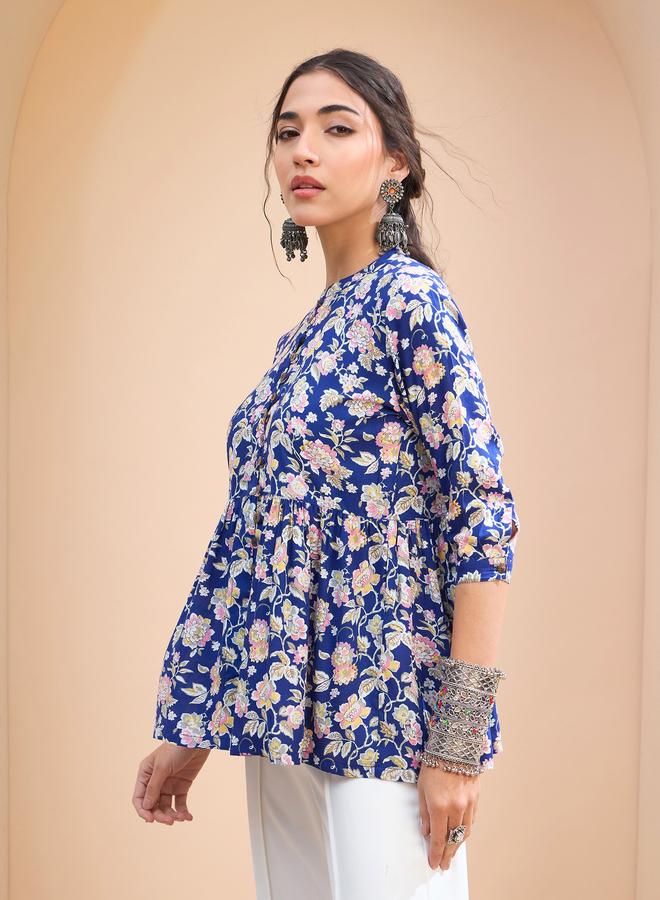 SASSAFRAS Blue Floral Buttoned Gathered Kurti - Image 3