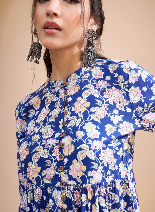 SASSAFRAS Blue Floral Buttoned Gathered Kurti - Image 4