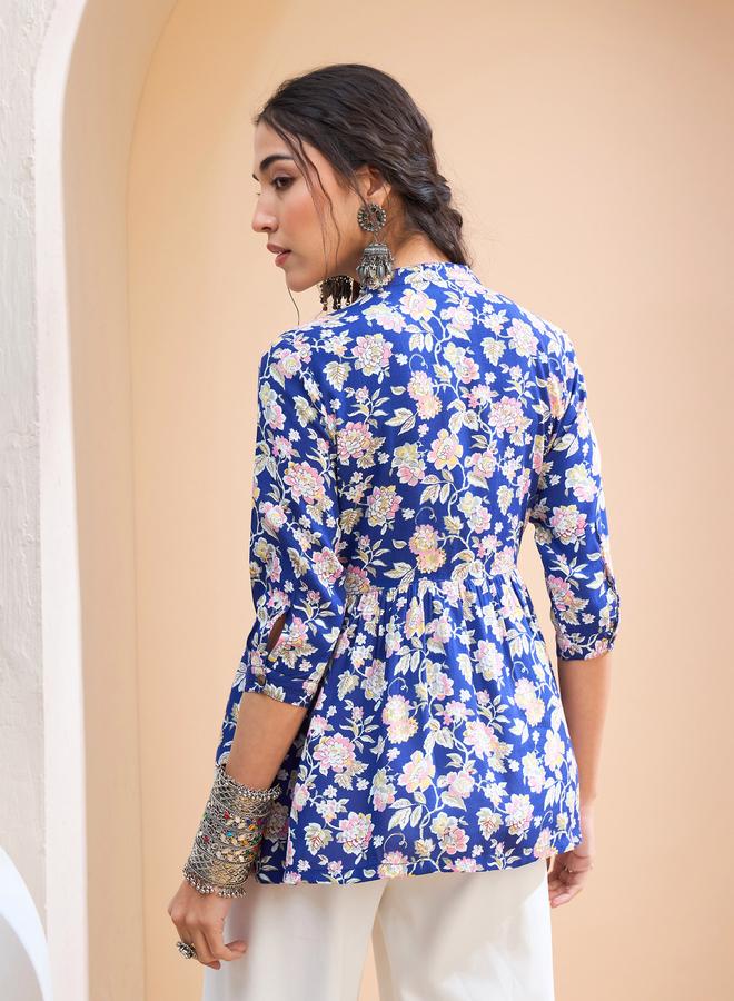 SASSAFRAS Blue Floral Buttoned Gathered Kurti - Image 5