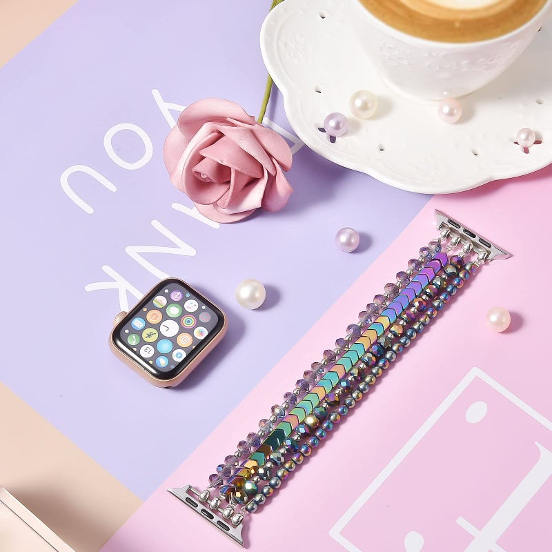 MOFREE Beaded Bracelet Compatible with Apple Watch Band 38mm/40mm/41mm/42mm, Fashion Elastic Stretch Women Bands for iWatch Series 11/10/9/8/7/SE/6/5/4/3/2/1 iPhone Watch Strap Bands Colorful - Image 2