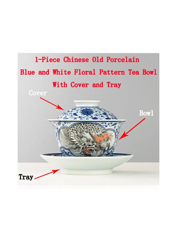 1-Piece Chinese Old Porcelain Blue and White Bowl Tea Set,Chinese Tea Bowl with Cover and Tray,Chinese Traditional Handicraft Ceramic Tea Set  - Image 1