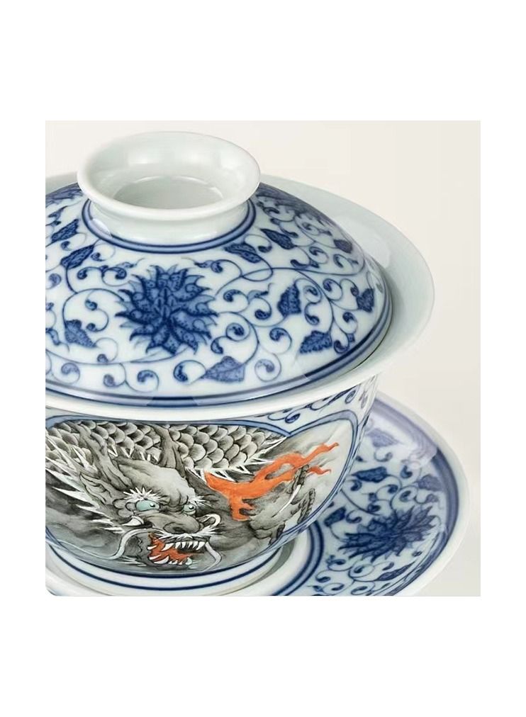 1-Piece Chinese Old Porcelain Blue and White Bowl Tea Set,Chinese Tea Bowl with Cover and Tray,Chinese Traditional Handicraft Ceramic Tea Set  - Image 3