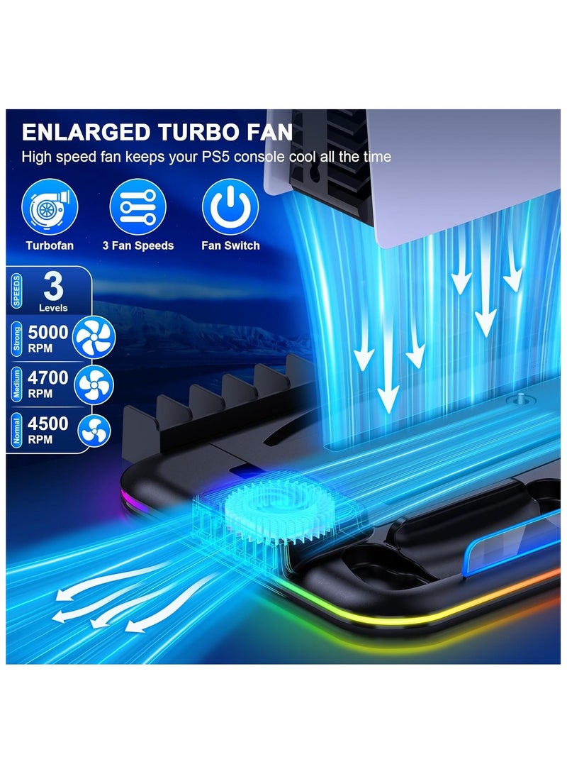 PS5/Slim/Pro Cooling Stand for PlayStation 5 Disc/Digital with RGB Light,Accessories Dual Controller Charger Station with 3 Levels Cooling Fan, Headset Holder,15 Game Slots - Image 2
