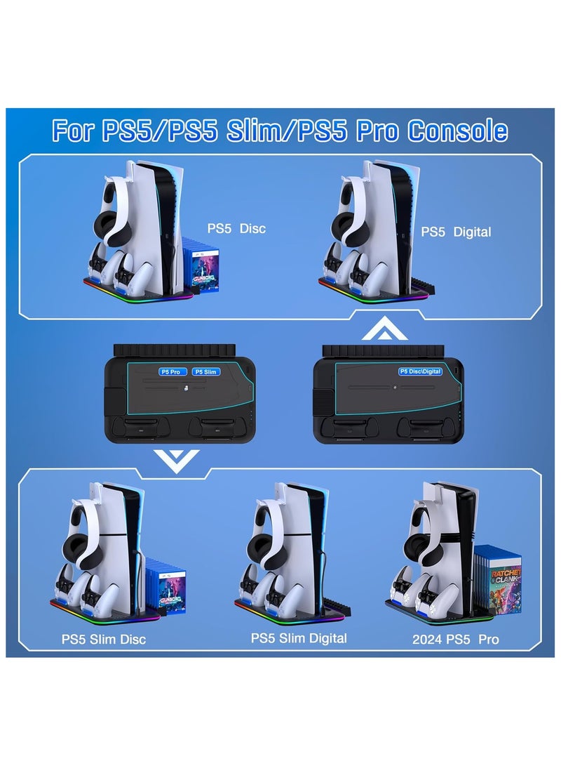 PS5/Slim/Pro Cooling Stand for PlayStation 5 Disc/Digital with RGB Light,Accessories Dual Controller Charger Station with 3 Levels Cooling Fan, Headset Holder,15 Game Slots - Image 4