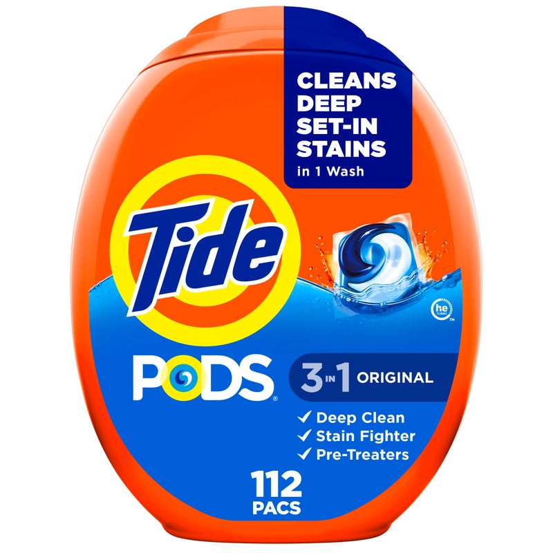 Tide PODS Laundry Detergent Pacs, 3-in-1 Stain Remover, Odor Fighter, Color Protector, 112 Count, HE compatible, Original Scent - Image 1