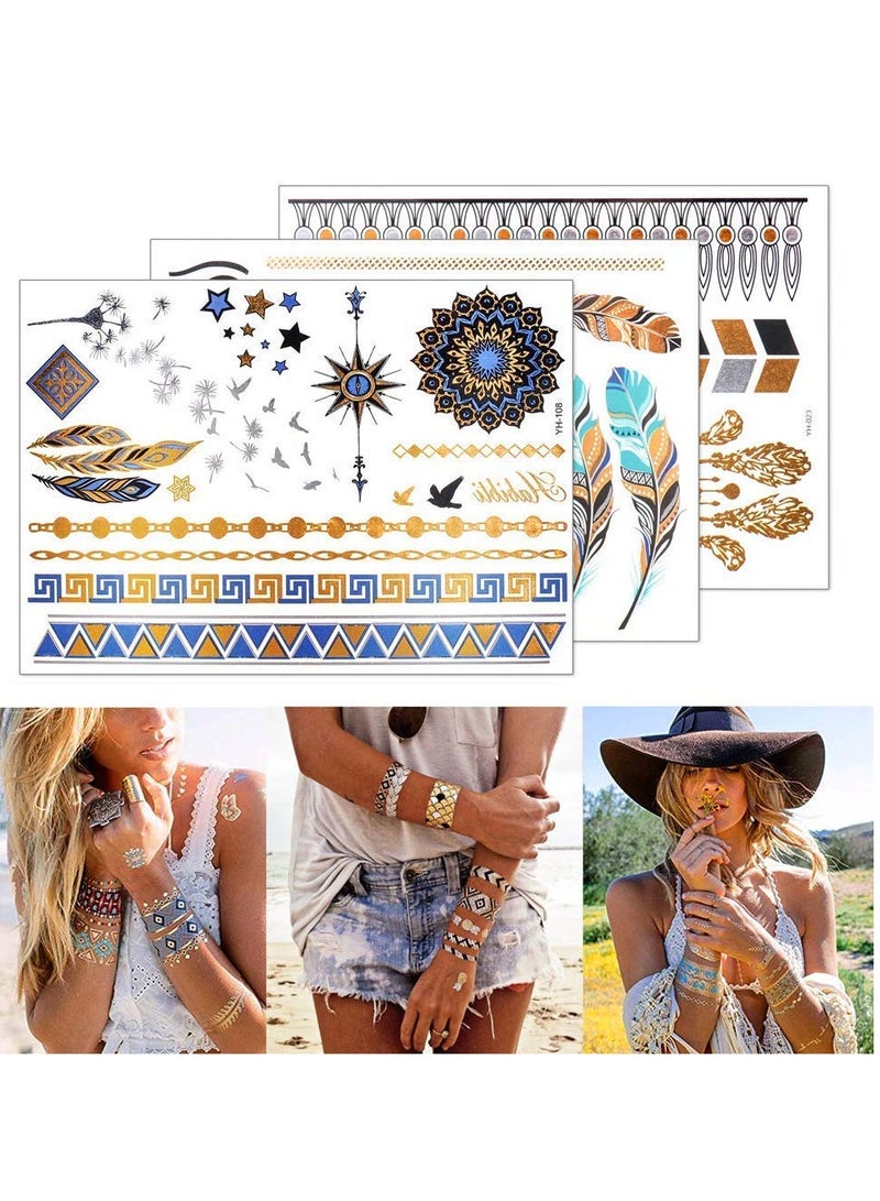 Waterproof Metallic Temporary Tattoos - 12 Sheets of Gold & Silver Glitter Stickers for Women, Teens & Girls - DIY Body Art & Fashion Designs - Image 5
