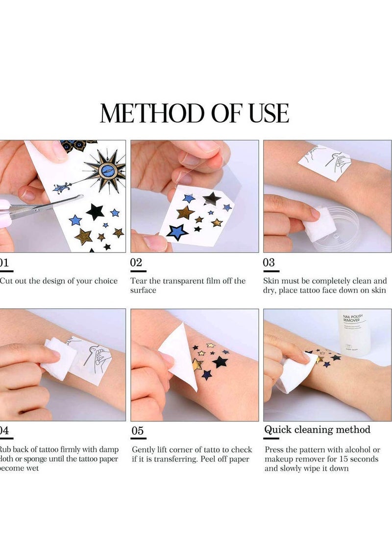 Waterproof Metallic Temporary Tattoos - 12 Sheets of Gold & Silver Glitter Stickers for Women, Teens & Girls - DIY Body Art & Fashion Designs - Image 3