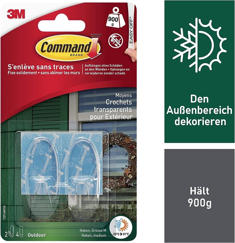 Command Transparent Medium Hooks M (Set of 2) for Outdoor Use in Oval Shape - Hanging Wreaths, Signs and Other Outdoor Objects - Image 2