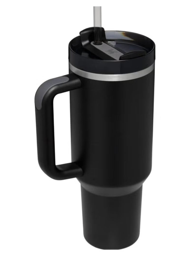 ستانلي كوب ستانلي كوينشر H20 فلوستيت معزول بتفريغ الهواء من الفولاذ المقاوم للصدأ، سعة 40 أونصة، مع غطاء وقشة، مناسب للمياه والشاي المثلج أو القهوة والعصائر وغيرها، لون كريمي (أسود) - Image 1