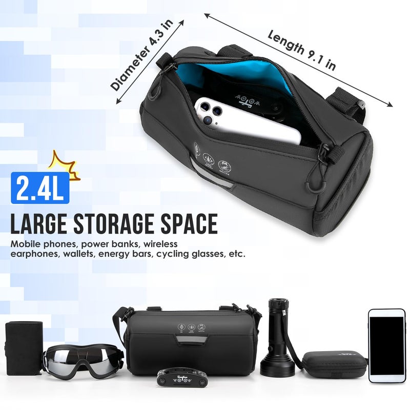 WOTOW Bike Handlebar Bag Waterproof - Bicycle Handlebar Roll Bag with Large Reflective Area, Bike Front Pouch with Waterproof Zipper Shoulder Strap Removable Straps for Cycling (Cylinder, 2.4L) - Image 4