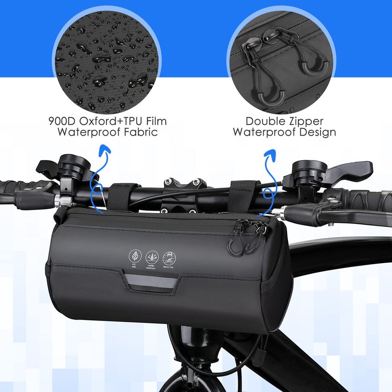 WOTOW Bike Handlebar Bag Waterproof - Bicycle Handlebar Roll Bag with Large Reflective Area, Bike Front Pouch with Waterproof Zipper Shoulder Strap Removable Straps for Cycling (Cylinder, 2.4L) - Image 2