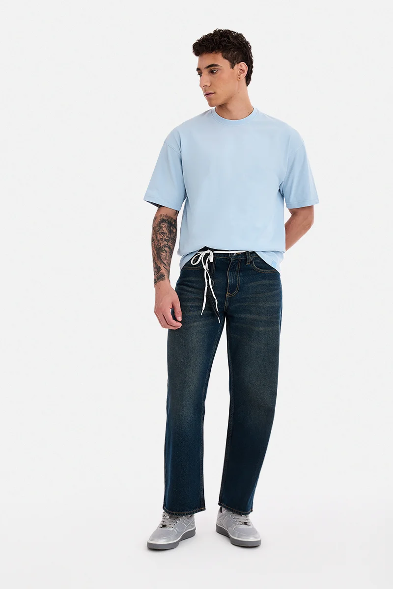 SNITCH Light Blue Solid Half Sleeve Oversized T-Shirt