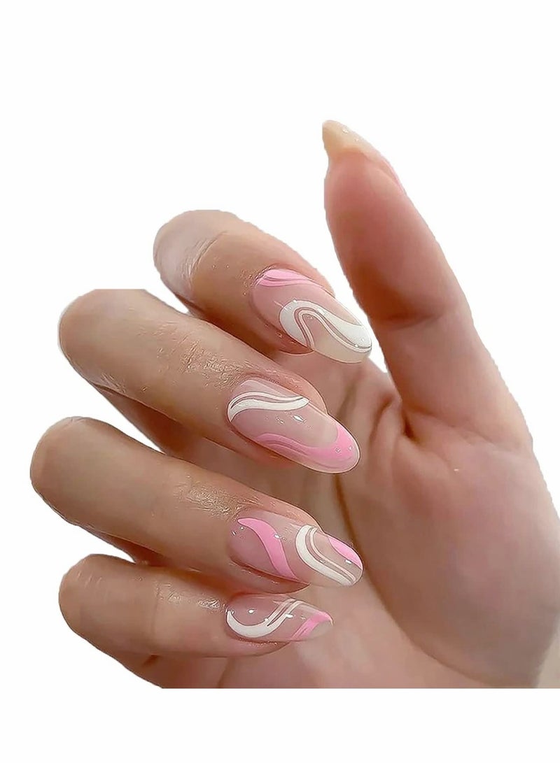 Captaintech Acrylic Nails, Fake Nails Medium Length Press on White Pink Abstract Cute Coffin False with Glue, Stick Art Manicure Decoration, Glossy Nude 24Pcs - Image 1