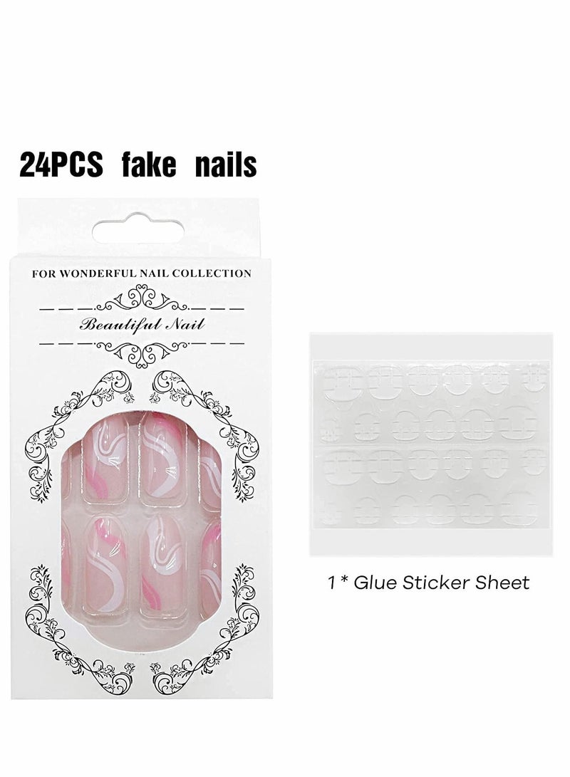 Captaintech Acrylic Nails, Fake Nails Medium Length Press on White Pink Abstract Cute Coffin False with Glue, Stick Art Manicure Decoration, Glossy Nude 24Pcs - Image 3