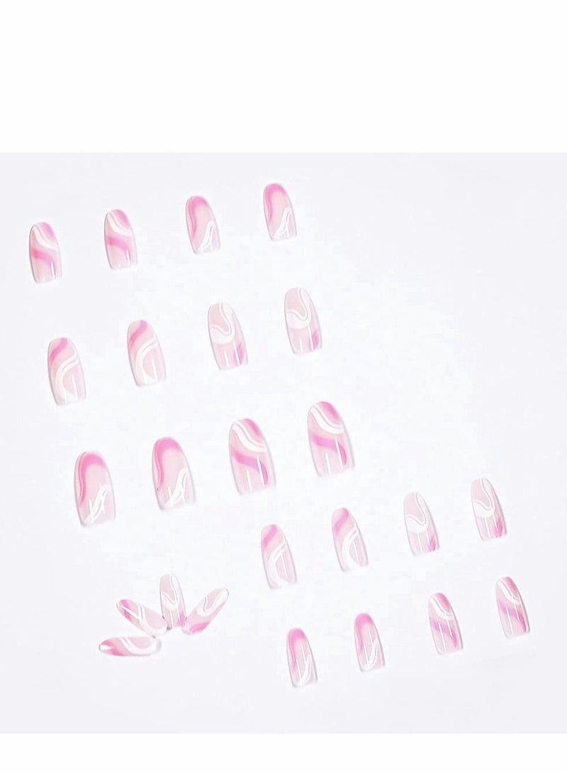 Captaintech Acrylic Nails, Fake Nails Medium Length Press on White Pink Abstract Cute Coffin False with Glue, Stick Art Manicure Decoration, Glossy Nude 24Pcs - Image 4