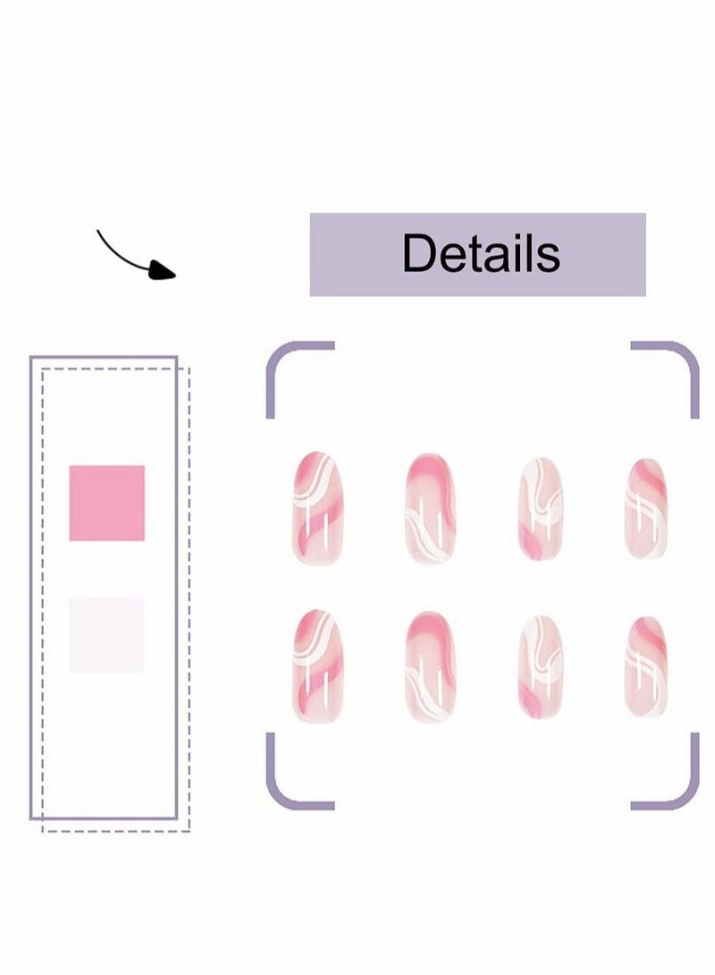 Captaintech Acrylic Nails, Fake Nails Medium Length Press on White Pink Abstract Cute Coffin False with Glue, Stick Art Manicure Decoration, Glossy Nude 24Pcs - Image 5