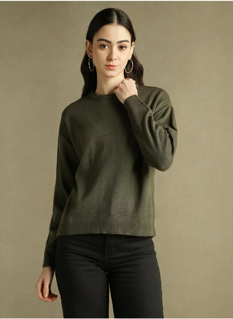 Dennis Lingo Women's Olive 100% Acrylic Solid Regular Fit Sweater