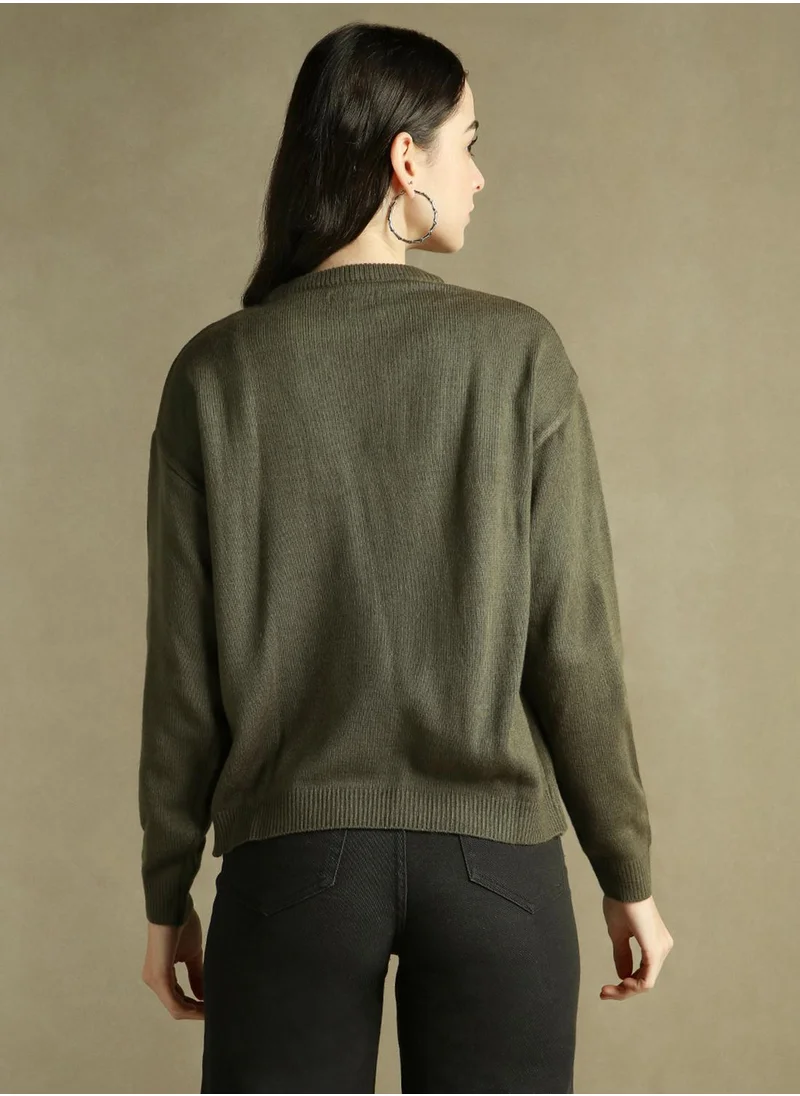 Dennis Lingo Women's Olive 100% Acrylic Solid Regular Fit Sweater