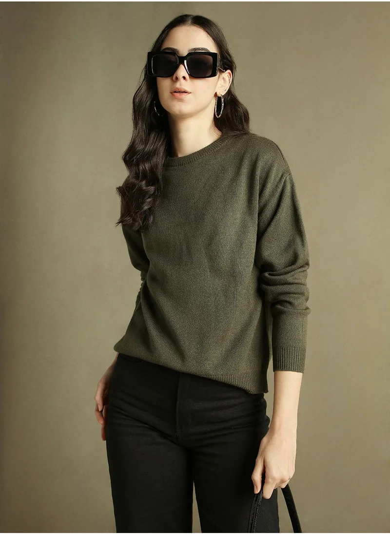 دينيس لينغو Women's Olive 100% Acrylic Solid Regular Fit Sweater