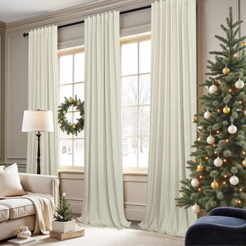 Pitalk Living Room Curtains Ideas Modern Black Out Curtains for Bedroom Windows Treatments 84 Heat & Cold Blocking Drapes for Sliding Glass Door Back Tab 2 Panels Cottage Linen Textured Cream Beige - Image 2