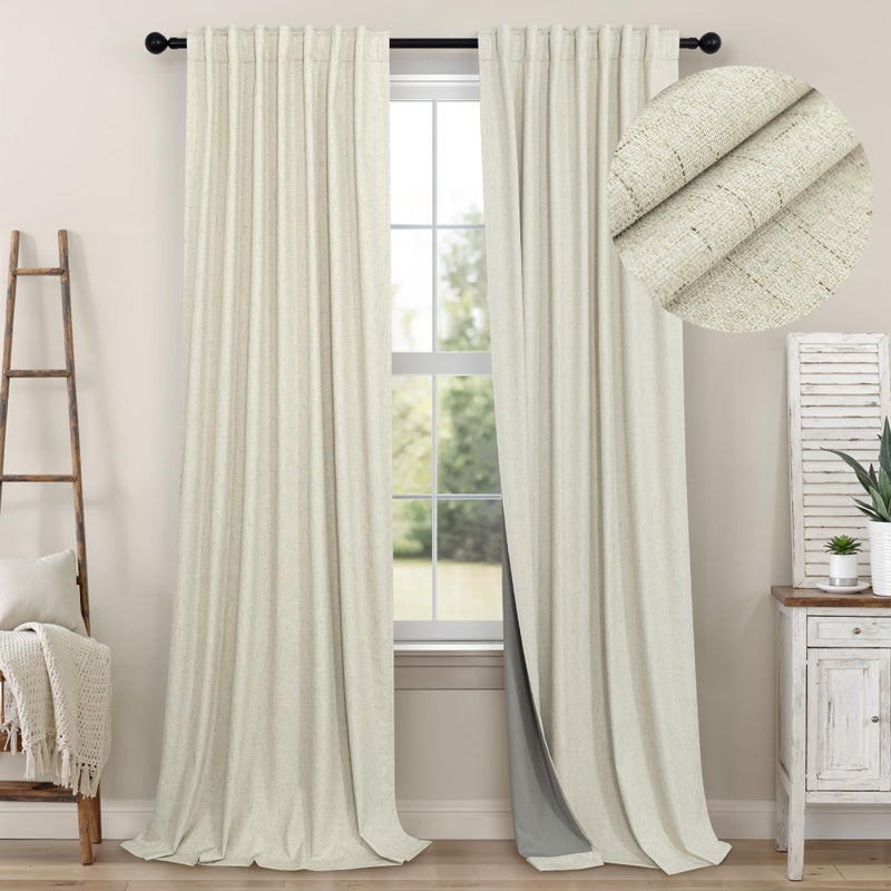 Pitalk Living Room Curtains Ideas Modern Black Out Curtains for Bedroom Windows Treatments 84 Heat & Cold Blocking Drapes for Sliding Glass Door Back Tab 2 Panels Cottage Linen Textured Cream Beige - Image 1