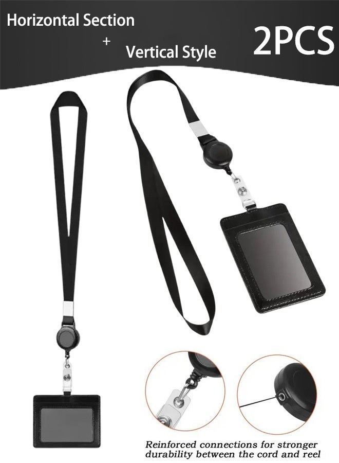 2 Piece ID Card Holder, with Lanyard and Retractable Badge Reel Clip, Unisex Leather ID Badge Holder Set,Waterproof Clear,for Office, School, Work, Events,Black - Image 1