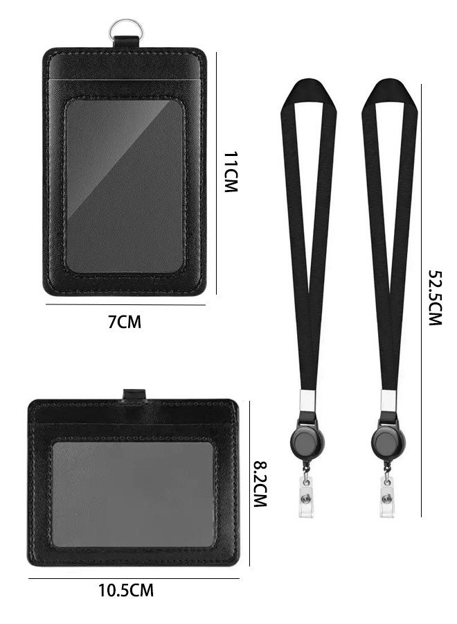 2 Piece ID Card Holder, with Lanyard and Retractable Badge Reel Clip, Unisex Leather ID Badge Holder Set,Waterproof Clear,for Office, School, Work, Events,Black - Image 2