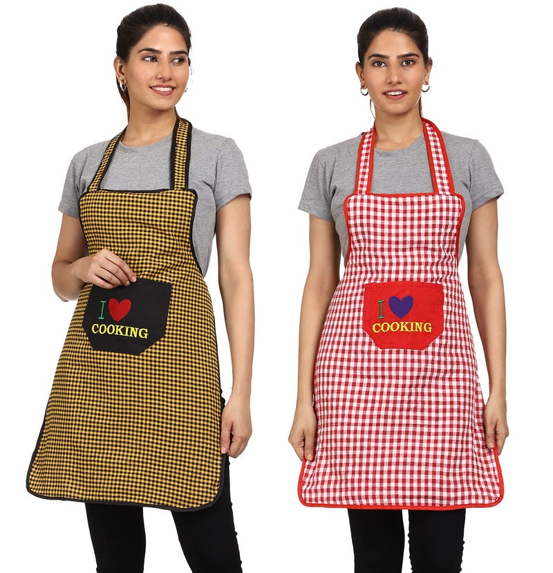 JMi Cotton Checkered Design Waterproof Apron with Multipurpose Front Large Embroidered Pocket Pack of 2 (RED & Yellow) - Image 1