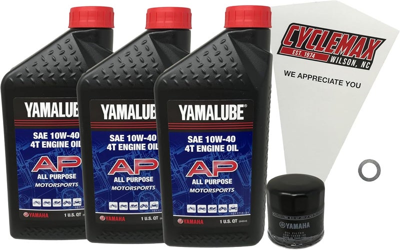 Cyclemax Oil Change Kit for 2019-2023 Yamaha Grizzly/Kodiak 700 ATV - Includes 3 Quarts of 10W-40 Oil, Oil Filter, and Accessories - Image 1