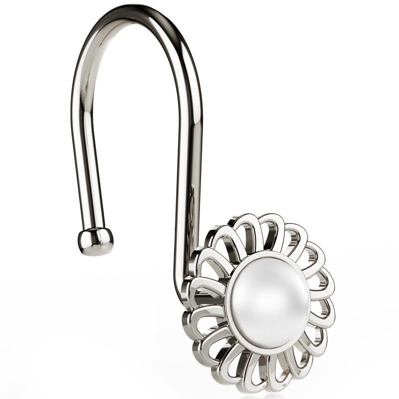 iToplin Nickel Shower Curtain Hooks Rings, Decorative Shower Curtain Hangers, Heavy Duty Metal Shower Rings, Sunflower Shower Hooks for Shower Curtain Rod and Liner, Bathroom Curtain Hooks, Set of 12 - Image 1
