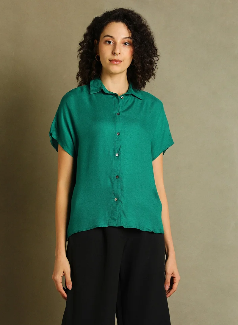Dennis Lingo Green Shirt for Women - Viscose Moss, Relaxed Fit