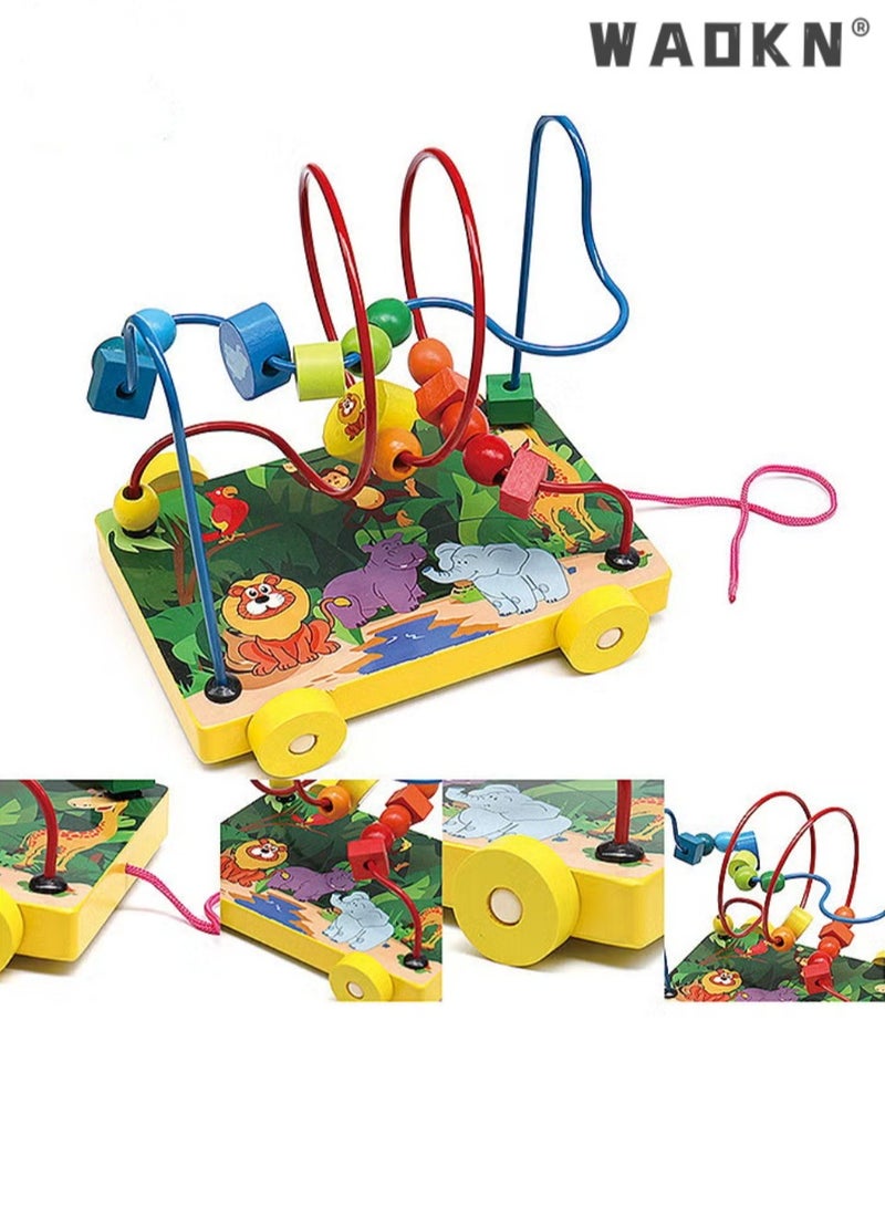 دبليو أيه أو كي أن لعبة دائرية تعليمية خشبية على شكل متاهة من الخرز الأول، لعبة خرز العداد التعليمية للأطفال الصغار، خرز انزلاقي على سلك ملتوي، تدريب انتباه الطفل وقدرته على العد والإمساك.