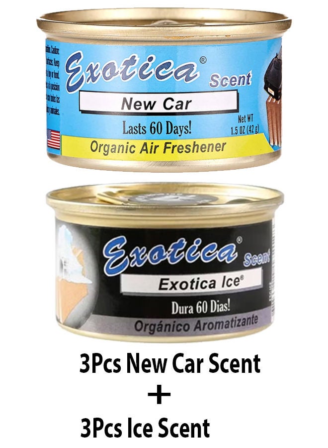 EXOTICA Organic Air Freshener Value Pack 6 pcs, New Car Scent-3 and Ice Scent-3 - Image 2